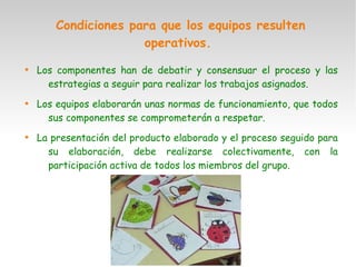 Condiciones para que los equipos resulten
operativos.

Los componentes han de debatir y consensuar el proceso y las
estrategias a seguir para realizar los trabajos asignados.

Los equipos elaborarán unas normas de funcionamiento, que todos
sus componentes se comprometerán a respetar.

La presentación del producto elaborado y el proceso seguido para
su elaboración, debe realizarse colectivamente, con la
participación activa de todos los miembros del grupo.
 
