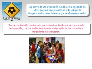 Se parte de una evaluación inicial, con la recogida de
ideas previas, que se analizan y de las que se
desprenden los conocimientos que se desean aprender.
Se parte de una evaluación inicial, con la recogida de
ideas previas, que se analizan y de las que se
desprenden los conocimientos que se desean aprender.
Tras esta decisión comienza la previsión de actividades, de fuentes de
información, … y con todas esas tareas la discusión de los criterios e
indicadores de evaluación.
Tras esta decisión comienza la previsión de actividades, de fuentes de
información, … y con todas esas tareas la discusión de los criterios e
indicadores de evaluación.
 