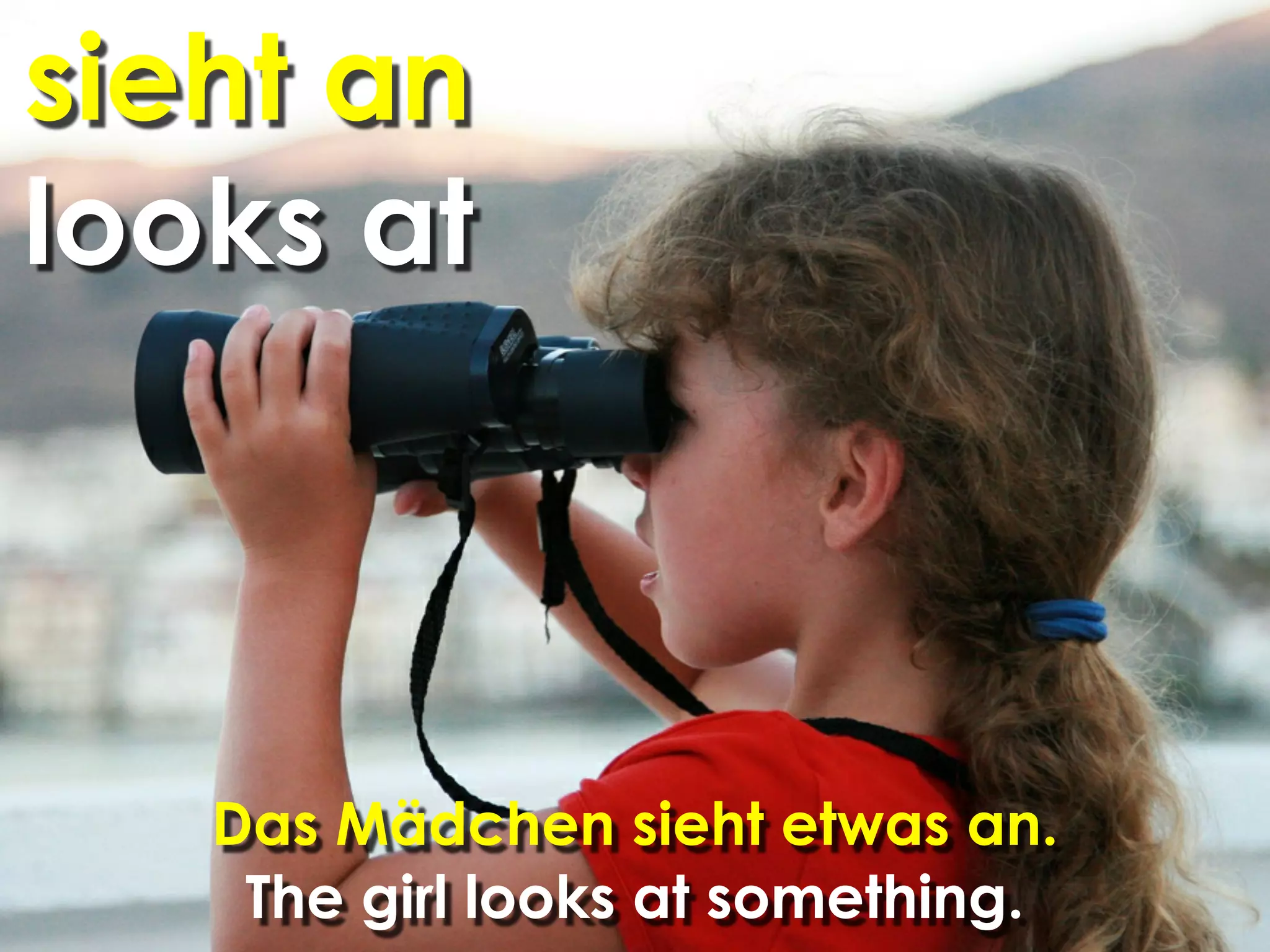 sieht an
looks at



   Das Mädchen sieht etwas an.
    The girl looks at something.
 