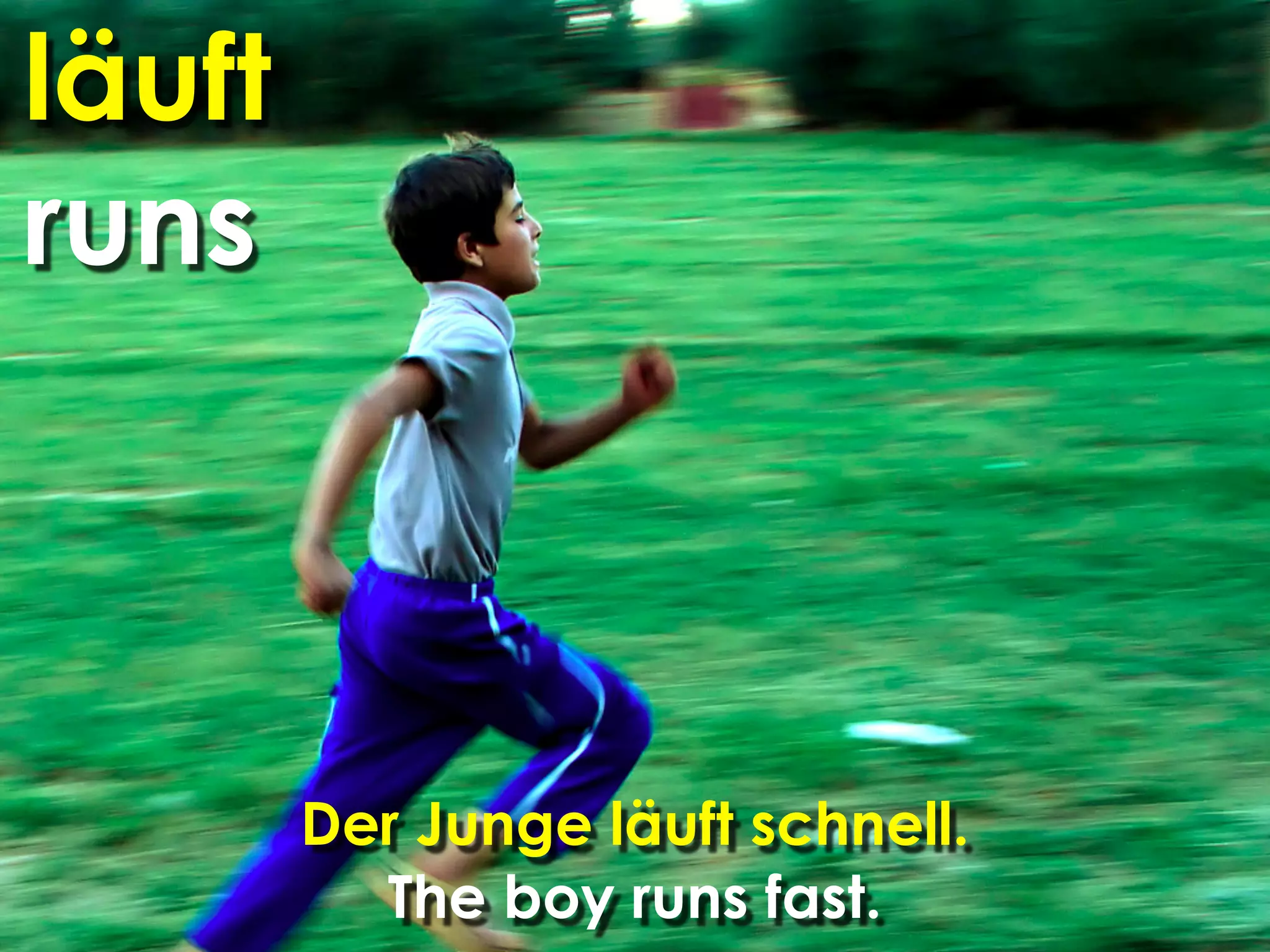 läuft
runs



        Der Junge läuft schnell.
          The boy runs fast.
 