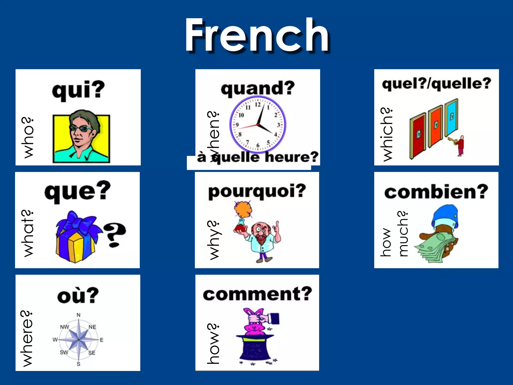 where?   what?   who?




how?     why?    when?
                          French




         how     which?
         much?
 