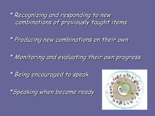 * Recognizing and responding to new
* Recognizing and responding to new
combinations of previously taught items
combinations of previously taught items
* Producing new combinations on their own
* Producing new combinations on their own
* Monitoring and evaluating their own progress
* Monitoring and evaluating their own progress
* Being encouraged to speak
* Being encouraged to speak
*Speaking when become ready
*Speaking when become ready
 