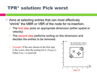 TPR* solution: Pick worst
 Aims at selecting entries that can most effectively
“shrink” the MBR or VBR of the node for re-insertion.
 The first step picks an appropriate dimension (either spatial or
velocity)
 The second step performs sorting on this dimension and
decides the entries to be removed.
20 4 6 8 10
2
4
6
8
10
x axis
y axis
b
c
a
e
the (absolute) values
of all velocities are 1
d
time 0
– Example: If the axis chosen in the first step
is the x-axis, then the sorting list is {b,d,a,c}.
Either b or c is removed.
 