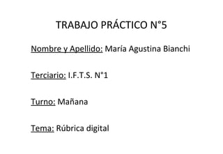 TRABAJO PRÁCTICO N°5
Nombre y Apellido: María Agustina Bianchi
Terciario: I.F.T.S. N°1
Turno: Mañana
Tema: Rúbrica digital
 