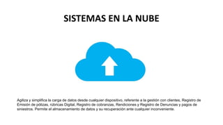 SISTEMAS EN LA NUBE
Agiliza y simplifica la carga de datos desde cualquier dispositivo, referente a la gestión con clientes, Registro de
Emisión de pólizas, rúbricas Digital, Registro de cobranzas, Rendiciones y Registro de Denuncias y pagos de
siniestros. Permite el almacenamiento de datos y su recuperación ante cualquier inconveniente.
 