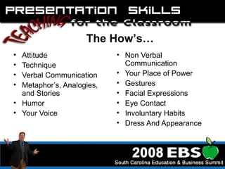 Attitude Technique Verbal Communication Metaphor’s, Analogies, and Stories Humor Your Voice Non Verbal Communication Your Place of Power Gestures Facial Expressions Eye Contact Involuntary Habits Dress And Appearance The How’s… 