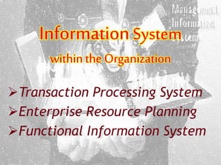 InformationSystem
withinthe Organization
Transaction Processing System
Enterprise Resource Planning
Functional Information System
 