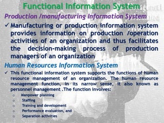 Functional Information System
Production /manufacturing Information System
 Manufacturing or production information system
provides information on production /operation
activities of an organization and thus facilitates
the decision-making process of production
managers of an organization
Human Resources Information System
 This functional information system supports the functions of human
resource management of an organization. The human resource
management function, in its narrow sense, it also known as
personnel management .The function involves:
o Manpower planning
o Staffing
o Training and development
o Performance evaluation, and
o Separation activities
 