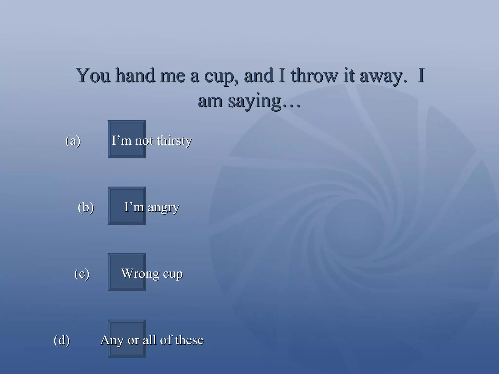 You hand me a cup, and I throw it away.  I am saying… (a)  I’m not thirsty (b)  I’m angry (c)  Wrong cup (d)  Any or all of these 
