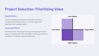 Project Selection: Prioritizing Value
Benefit Matrix
A tool for assessing the potential benefits of projects,
considering factors like impact, customer value, and
alignment with strategic goals.
Investment Matrix
A framework for evaluating the resources required for each
project, including cost, time, and effort. This helps determine
feasibility and allocate resources efficiently.
 