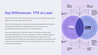 Key Differences: TPS vs Lean
While TPS and Lean Manufacturing share many principles, there are key
differences in their approach and focus.
TPS, or Toyota Production System, primarily emphasizes the elimination
of waste and continuous improvement with a strong focus on
standardized processes and Just-In-Time production.
Lean Manufacturing, on the other hand, is a broader concept that
involves the application of Lean principles in various industries beyond
manufacturing, aiming to improve efficiency and add value to all
processes. Both TPS and Lean ultimately aim to optimize operations and
enhance overall performance through waste reduction and continuous
improvement practices.
 