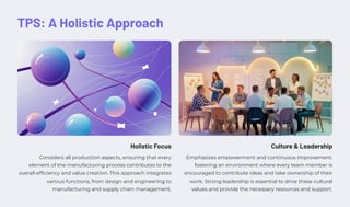 TPS: A Holistic Approach
Holistic Focus
Considers all production aspects, ensuring that every
element of the manufacturing process contributes to the
overall efficiency and value creation. This approach integrates
various functions, from design and engineering to
manufacturing and supply chain management.
Culture & Leadership
Emphasizes empowerment and continuous improvement,
fostering an environment where every team member is
encouraged to contribute ideas and take ownership of their
work. Strong leadership is essential to drive these cultural
values and provide the necessary resources and support.
 