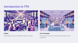 Introduction to TPS
Origins
Developed by Toyota in the 1950s to eliminate waste.
Core Principles
Emphasizes continuous improvement and just-in-time
production.
 