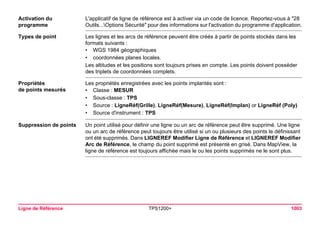 Ligne de Référence TPS1200+ 1003 
Activation du programme 
L'applicatif de ligne de référence est à activer via un code de licence. Reportez-vous à "28 Outils...Options Sécurité" pour des informations sur l'activation du programme d'application. 
Types de point 
Les lignes et les arcs de référence peuvent être créés à partir de points stockés dans les formats suivants : 
•WGS1984 géographiques 
•coordonnées planes locales. 
Les altitudes et les positions sont toujours prises en compte. Les points doivent posséder des triplets de coordonnées complets. 
Propriétés 
de points mesurés 
Les propriétés enregistrées avec les points implantés sont : 
•Classe : MESUR 
•Sous-classe : TPS 
•Source : LigneRéf(Grille), LigneRéf(Mesure), LigneRéf(Implan) or LigneRéf (Poly) 
•Source d'instrument : TPS 
Suppression de points 
Un point utilisé pour définir une ligne ou un arc de référence peut être supprimé. Une ligne ou un arc de référence peut toujours être utilisé si un ou plusieurs des points le définissant ont été supprimés. Dans LIGNEREF Modifier Ligne de Référence et LIGNEREF Modifier Arc de Référence, le champ du point supprimé est présenté en grisé. Dans MapView, la ligne de référence est toujours affichée mais le ou les points supprimés ne le sont plus.  