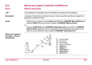 Ligne de Référence TPS1200+ 1049 
43.5Mesure par rapport à Ligne/Arc de Référence 
43.5.1Mesure des points 
) 
Ce paragraphe ne s'applique pas à l'implantation par rapport à des polylignes. 
Description 
La position horizontale et verticale d'un point mesuré peut être calculée par rapport à la ligne/l'arc de référence défini. 
Accès 
Sélectionnez une tâche de type Mesure sur XX dans LIGNEREF Menu Référence et pressez CONT (F1) deux fois pour accéder à LIGNEREF Mesure Points. 
ou 
Pressez LEVER (F5) dans LIGNEREF Implantation XX pour accéder à LIGNEREF Mesure Points. Reportez-vous au paragraphe "43.6 Implantation par rapport à une ligne/un arc de référence" pour accéder à LIGNEREF Implantation XX. 
Mesure par rapport à une ligne - mesures horizontales 
TPS12_179P1P2P3d2d3d1d5d4P4P0 
P1Point de début 
P2Point de fin 
P3Point mesuré 
P4Point de référence 
d1<ΔDécal :> 
d2<ΔLigne :> 
d3<ΔFin Ligne :> 
d4<Dh-Pt Déb :> 
d5<Dh-Pt Fin :>  