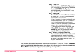 Ligne de Référence TPS1200+ 1054 
Les champs disponibles dépendent des options choisies aux rubriques <Alti :> et <Modif Alti :> de LIGNEREF Configuration, page Alti et de la tâche sélectionnée dans LIGNEREF Menu Référence. Les champs suivants sont toujours disponibles : 
SHIFT CONF (F2) 
Disponible sauf si SHIFT MOY (F2) est actif. Pour configurer une ligne/un arc de référence. Accède à LIGNEREF Configuration. Reportez-vous à "43.3 Configuration d'une ligne de référence". 
SHIFT 2FACE (F4) 
Pour prendre une mesure dans les positions de lunette I et II. Le point enregistré est une moyenne des deux mesures. 
En cas d'utilisation d'instruments équipés de la fonctionnalité ATR, le point est automatiquement mesuré dans les deux positions de lunette. Le point est enregistré et l'instrument retourné dans la position de lunette I. 
Ce raccourci est seulement disponible avec <Mode EDM : Standard> et <Mode EDM : Rapide>, et dans les programmes Lever, Ligne de Référence et Implantation. 
SHIFT INDIV (F5) et SHIFT LIBRE (F5) 
Pour permuter entre l'entrée d'un Id de point individuel différent du modèle d'identifiant défini et l'identifiant de point courant conforme au modèle d'identifiant. Reportez-vous à "16.1 Modèles d'identifiants".  
