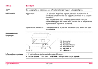 Ligne de Référence TPS1200+ 1060 
43.5.2Exemple 
) 
Ce paragraphe ne s'applique pas à l'implantation par rapport à des polylignes. 
Description 
Application : 
Les positions de piquets figurant les coins d'une maison à construire sont à mesurer par rapport aux limites de la parcelle concernée. 
Il est procédé ainsi pour vérifier que l'habitation n'est pas construite trop près des limites de la parcelle afin de respecter les règlements en vigueur en la matière. 
Ligne/arc de référence : 
Une des limites de la parcelle est utilisée pour définir une ligne de référence. 
Représentation graphique 
GPS12_131P0P2S1P1d2d1 
P0Point initial 
P1Point final 
P2Point de référence 
S1Point à mesurer 
d1<ΔTrans :> 
d2<ΔLong :> 
Informations requises 
•Il est inutile de stocker cette ligne de référence. 
•<Fich Journal : Oui> dans LIGNEREF Configuration, page Journal.  