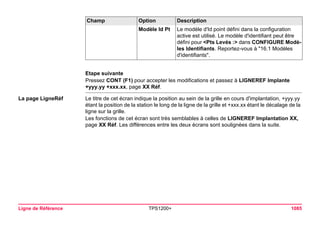 Ligne de Référence TPS1200+ 1085 
Etape suivante 
Pressez CONT (F1) pour accepter les modifications et passez à LIGNEREF Implante +yyy.yy +xxx.xx, page XX Réf. 
La page LigneRéf 
Le titre de cet écran indique la position au sein de la grille en cours d'implantation, +yyy.yy étant la position de la station le long de la ligne de la grille et +xxx.xx étant le décalage de la ligne sur la grille. 
Les fonctions de cet écran sont très semblables à celles de LIGNEREF Implantation XX, page XX Réf. Les différences entre les deux écrans sont soulignées dans la suite. 
Modèle Id Pt 
Le modèle d'Id point défini dans la configuration active est utilisé. Le modèle d'identifiant peut être défini pour <Pts Levés :> dans CONFIGURE Modèles Identifiants. Reportez-vous à "16.1 Modèles d'identifiants". 
Champ Option Description 
 