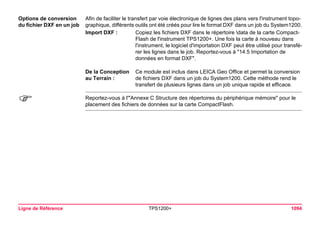 Ligne de Référence TPS1200+ 1094 
Options de conversion du fichier DXF en un job 
Afin de faciliter le transfert par voie électronique de lignes des plans vers l'instrument topographique, différents outils ont été créés pour lire le format DXF dans un job du System1200. 
Import DXF : 
Copiez les fichiers DXF dans le répertoire data de la carte CompactFlash de l'instrument TPS1200+. Une fois la carte à nouveau dans l'instrument, le logiciel d'importation DXF peut être utilisé pour transférer les lignes dans le job. Reportez-vous à "14.5 Importation de données en format DXF". 
De la Conception au Terrain : 
Ce module est inclus dans LEICA Geo Office et permet la conversion de fichiers DXF dans un job du System1200. Cette méthode rend le transfert de plusieurs lignes dans un job unique rapide et efficace. 
) 
Reportez-vous à l'"Annexe C Structure des répertoires du périphérique mémoire" pour le placement des fichiers de données sur la carte CompactFlash.  