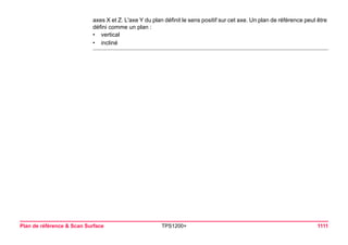 Plan de référence & Scan Surface TPS1200+ 1111 
axes X et Z. L'axe Y du plan définit le sens positif sur cet axe. Un plan de référence peut être défini comme un plan : 
• vertical 
• incliné  