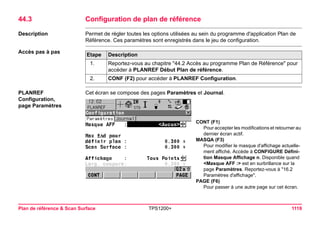 Plan de référence & Scan Surface TPS1200+ 1119 
44.3Configuration de plan de référence 
Description 
Permet de régler toutes les options utilisées au sein du programme d'application Plan de Référence. Ces paramètres sont enregistrés dans le jeu de configuration. 
Accès pas à pasEtape 
Description 
1. 
Reportez-vous au chapitre "44.2 Accès au programme Plan de Référence" pour accéder à PLANREF Début Plan de référence. 
2. 
CONF (F2) pour accéder à PLANREF Configuration. 
PLANREF 
Configuration, 
page Paramètres 
Cet écran se compose des pages Paramètres et Journal. 
CONT (F1) 
Pour accepter les modifications et retourner au dernier écran actif. 
MASQA (F3) 
Pour modifier le masque d'affichage actuellement affiché. Accède à CONFIGURE Définition Masque Affichage n. Disponible quand <Masque AFF :> est en surbrillance sur la page Paramètres. Reportez-vous à "16.2 Paramètres d'affichage". 
PAGE (F6) 
Pour passer à une autre page sur cet écran.  