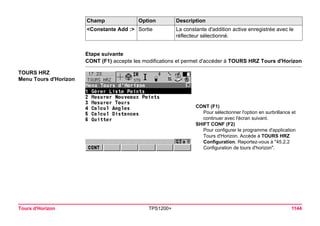 Tours d'Horizon TPS1200+ 1144 
Etape suivante 
CONT (F1) accepte les modifications et permet d'accéder à TOURS HRZ Tours d'Horizon 
TOURS HRZ 
Menu Tours d'Horizon 
CONT (F1) 
Pour sélectionner l'option en surbrillance et continuer avec l'écran suivant. 
SHIFT CONF (F2) 
Pour configurer le programme d'application Tours d'Horizon. Accède à TOURS HRZ Configuration. Reportez-vous à "45.2.2 Configuration de tours d'horizon". 
<Constante Add :> 
Sortie 
La constante d'addition active enregistrée avec le réflecteur sélectionné. 
Champ Option Description 
 