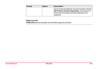 Tours d'Horizon TPS1200+ 1151 
Etape suivante 
PAGE (F6) permet de passer à la première page de cet écran. 
Ouvrir la liste de sélection permet d'accéder à l'écran XX Fichiers formats disponibles, dans lequel un fichier format existant peut être sélectionné ou supprimé. 
Champ Option Description 
 