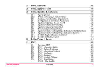 Table des matières TPS1200+ 12 
27Outils...Edit Texte566 
28Outils...Options Sécurité569 
29Outils...Contrôles & Ajustements573 
29.1 Aperçu général 573 
29.2 Détails sur les erreurs instrumentales 576 
29.3 Accés au menu Contrôles & Ajustements 582 
29.4 Configuration de Contrôles & Ajustements 585 
29.5 Ajustement combiné (l, t, i, c et ATR) 588 
29.6 Ajustement de tourillonnement (a) 595 
29.7 Ajustement du compensateur (l, t) 601 
29.8 Erreurs instrumentales actuelles 606 
29.9 Ajustement de la nivelle sphérique de l'instrument et de l'embase 608 
29.10 Ajustement de la nivelle sphérique de la canne à prisme 610 
29.11 Contrôle du plomb laser de l'instrument 611 
29.12 Contrôle de l'état du trépied 613 
30Outils...Terrain -> Bureau614 
31ETAT620 
31.1 Fonctions ETAT 620 
31.2 ETAT : Information Station 622 
31.3 ETAT : Batterie & Mémoire 624 
31.4 ETAT : Informations Système 628 
31.5 ETAT : Interfaces... 630 
31.6 ETAT : Bluetooth 632 
31.7 ETAT : Nivelle & Pb Laser 633 
31.8 ETAT : SmartStation 636 
31.8.1 Etat Satellite 636 
 