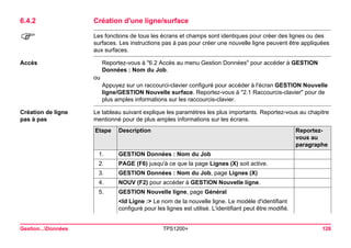 Gestion...Données TPS1200+ 126 
6.4.2Création d'une ligne/surface 
) 
Les fonctions de tous les écrans et champs sont identiques pour créer des lignes ou des surfaces. Les instructions pas à pas pour créer une nouvelle ligne peuvent être appliquées aux surfaces. 
Accès 
Reportez-vous à "6.2 Accès au menu Gestion Données" pour accéder à GESTION Données : Nom du Job. 
ou 
Appuyez sur un raccourci-clavier configuré pour accéder à l'écran GESTION Nouvelle ligne/GESTION Nouvelle surface. Reportez-vous à "2.1 Raccourcis-clavier" pour de plus amples informations sur les raccourcis-clavier. 
Création de ligne 
pas à pas 
Le tableau suivant explique les paramètres les plus importants. Reportez-vous au chapitre mentionné pour de plus amples informations sur les écrans. Etape 
Description 
Reportez- vous au paragraphe 
1. 
GESTION Données : Nom du Job 
2. 
PAGE (F6) jusqu'à ce que la page Lignes (X) soit active. 
3. 
GESTION Données : Nom du Job, page Lignes (X) 
4. 
NOUV (F2) pour accéder à GESTION Nouvelle ligne. 
5. 
GESTION Nouvelle ligne, page Général 
<Id Ligne :> Le nom de la nouvelle ligne. Le modèle d'identifiant configuré pour les lignes est utilisé. L'identifiant peut être modifié.  