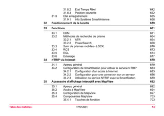 Table des matières TPS1200+ 13 
31.8.2 Etat Temps Réel 642 
31.8.3 Position courante 652 
31.9 Etat enregistrement 655 
31.9.1 Info Système SmartAntenne 658 
32Positionnement de la lunette659 
33Fonctions661 
33.1 EDM 661 
33.2 Méthodes de recherche de prisme 664 
33.2.1 ATR 664 
33.2.2 PowerSearch 668 
33.3 Suivi de prismes mobiles - LOCK 670 
33.4 RCS 673 
33.5 EGL 674 
33.6 Eclairage 677 
34NTRIP via Internet679 
34.1 Aperçu général 679 
34.2 Configuration de SmartStation pour utiliser le service NTRIP 683 
34.2.1 Configuration d'un accès à Internet 683 
34.2.2 Configuration pour une connexion sur un serveur 686 
34.2.3 Utilisation du service NTRIP avec la SmartStation 689 
35Accessoire d'affichage interactif avec MapView692 
35.1 Aperçu général 692 
35.2 Accès à MapView 694 
35.3 Configuration de MapView 697 
35.4 Composantes MapView 703 
35.4.1 Touches de fonction 703 
 