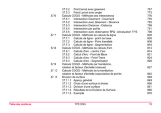 Table des matières TPS1200+ 15 
37.5.2 Point lancé avec gisement 767 
37.5.3 Point Lancé avec angle 773 
37.6 Calculs COGO - Méthode des intersections 776 
37.6.1 Intersection Gisement - Gisement 776 
37.6.2 Intersection avec Gisement - Distance 783 
37.6.3 Intersection Distance - Distance 788 
37.6.4 Intersection par points 791 
37.6.5 Intersection avec observation TPS - observation TPS 796 
37.7 Calculs COGO - Méthode de calculs de ligne 800 
37.7.1 Calculs de ligne - point de base 800 
37.7.2 Calculs de ligne - Point translaté 808 
37.7.3 Calculs de ligne - Segmentation 810 
37.8 Calculs COGO - Méthode de calculs d'arc 814 
37.8.1 Calculs d'arc - centre d'arc 814 
37.8.2 Calcul d'Arc - Point de Base 821 
37.8.3 Calculs d'arc - Point Trans 824 
37.8.4 Calculs d'arc - Segmentation 826 
37.9 Calculs COGO - Méthode par translation, 
rotation et facteur d'échelle (manuel) 827 
37.10 Calculs COGO - Méthode de la translation, 
rotation et facteur d'échelle (association de points) 842 
37.11 Division de surface 849 
37.11.1 Aperçu général 849 
37.11.2 Choix d'une surface à diviser 856 
37.11.3 Division d'une surface 861 
37.11.4 Résultats de la Division de Surface 866 
37.11.5 Exemple 870 
 