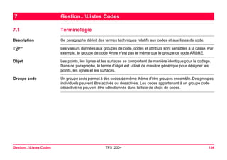 Gestion...Listes Codes TPS1200+ 154 
7Gestion...Listes Codes 
7.1Terminologie 
Description 
Ce paragraphe définit des termes techniques relatifs aux codes et aux listes de code. 
) 
Les valeurs données aux groupes de code, codes et attributs sont sensibles à la casse. Par exemple, le groupe de code Arbre n'est pas le même que le groupe de code ARBRE. 
Objet 
Les points, les lignes et les surfaces se comportent de manière identique pour le codage. Dans ce paragraphe, le terme d'objet est utilisé de manière générique pour désigner les points, les lignes et les surfaces. 
Groupe code 
Un groupe code permet à des codes de même thème d'être groupés ensemble. Des groupes individuels peuvent être activés ou désactivés. Les codes appartenant à un groupe code désactivé ne peuvent être sélectionnés dans la liste de choix de codes.  