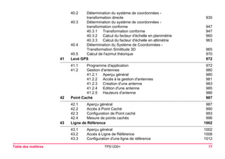 Table des matières TPS1200+ 17 
40.2 Détermination du système de coordonnées - 
transformation directe 935 
40.3 Détermination du système de coordonnées - 
transformation conforme 947 
40.3.1 Transformation conforme 947 
40.3.2 Calcul du facteur d'échelle en planimétrie 960 
40.3.3 Calcul du facteur d'échelle en altimétrie 963 
40.4 Détermination du Système de Coordonnées - 
Transformation Similitude 3D 965 
40.5 Calcul de l'azimut théorique 970 
41Levé GPS972 
41.1 Programme d'application 972 
41.2 Gestion d'antennes 980 
41.2.1 Aperçu général 980 
41.2.2 Accès à la gestion d'antennes 981 
41.2.3 Création d'une antenne 983 
41.2.4 Edition d'une antenne 985 
41.2.5 Hauteurs d'antenne 986 
42Point Caché987 
42.1 Aperçu général 987 
42.2 Accès à Point Caché 990 
42.3 Configuration de Point caché 993 
42.4 Mesure de points cachés 996 
43Ligne de Référence1002 
43.1 Aperçu général 1002 
43.2 Accès à Ligne de Référence 1008 
43.3 Configuration d'une ligne de référence 1012 
 