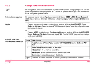 Codage TPS1200+ 192 
8.3.2Codage libre avec saisie directe 
) 
Le codage libre avec saisie directe est exposé dans le présent paragraphe pour le cas des points. Reportez-vous au paragraphe "6.4 Gestion de lignes/surfaces" pour des informations sur le codage de lignes/surfaces. 
Informations requises 
Un raccourci-clavier est configuré pour accéder à l'écran CODE LIBRE Entrer Codes et Attributs ou le menu défini par l'utilisateur est configuré pour afficher l'option Entrée code libre. 
Accès 
Pressez un raccourci-clavier configuré pour accéder à l'écran CODE LIBRE Entrer Codes et Attributs. Reportez-vous à "2.1 Raccourcis-clavier" pour des informations sur les raccourcis-clavier. 
ou 
Pressez USER et sélectionnez Entrée code libre pour accéder à l'écran CODE LIBRE Entrer Codes et Attributs. Reportez-vous à "2.2 Touche USER" pour des informations sur la touche USER. 
Codage libre avec saisie directe pas à pasEtape 
Description 
1. 
Reportez-vous à "Accès" pour accéder à CODE LIBRE Entrer Codes et Attributs. 
2. 
CODE LIBRE Entrer Codes et Attributs 
<Code Libre :> Le nom du code libre. 
<Attribut n :> Les valeurs d'attribut pour le code libre. 
Saisissez un code et des valeurs d'attributs. 
) 
Une liste de codes est créée au sein du job dès qu'un code libre est saisi.  