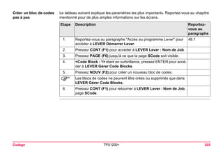 Codage TPS1200+ 205 
Créer un bloc de codes pas à pas 
Le tableau suivant explique les paramètres les plus importants. Reportez-vous au chapitre mentionné pour de plus amples informations sur les écrans. Etape 
Description 
Reportez- vous au paragraphe 
1. 
Reportez-vous au paragraphe "Accès au programme Lever" pour accéder à LEVER Démarrer Lever. 
48.1 
2. 
Pressez CONT (F1) pour accéder à LEVER Lever : Nom de Job. 
3. 
Pressez PAGE (F6) jusqu'à ce que la page SCode soit visible. 
4. 
<Code Block : 1> étant en surbrillance, pressez ENTER pour accéder à LEVER Gérer Code Blocks. 
5. 
Pressez NOUV (F2) pour créer un nouveau bloc de codes. 
) 
Les blocs de codes ne peuvent être créés ou supprimés que dans LEVER Gérer Code Blocks. 
6. 
Pressez CONT (F1) pour retourner à LEVER Lever : Nom de Job, page SCode.  