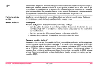 Gestion...Systèmes de coordonnées TPS1200+ 235 
) 
Les modèles de géoïde donnent une approximation de la valeur de N. Leur précision peut être sujette à de très fortes fluctuations et la plus grande prudence est de mise pour ce qui concerne les modèles globaux. Si la précision du modèle de géoïde est inconnue, il peut être plus sûr de recourir à des points de contrôle locaux dont les altitudes sont connues et de leur appliquer une transformation pour obtenir une approximation du géoïde local. 
Fichier terrain de 
géoïde 
Les fichiers terrain de géoïde peuvent être utilisés sur le terrain pour le calcul d'altitudes orthométriques à partir de hauteurs ellipsoïdales ou vice-versa. 
Modèle de SCSP 
Description 
Modèles de Systèmes de Coordonnées Spécifiques à un Pays 
•sont des tables de valeurs de correction permettant de convertir directement des coordonnées WGS 1984 en coordonnées planes locales sans passer par des paramètres de transformation. 
•tiennent compte des déformations liées au système de projection. 
•viennent en complément d'un système de coordonnées déjà défini. 
Types de modèles de SCSP 
Les valeurs de correction d'un modèle de SCSP peuvent être appliquées à différents stades du processus de conversion de coordonnées. Et la manière dont le modèle de SCSP interviendra diffèrera selon le stade concerné. Trois types de modèles de SCSP sont acceptés par le TPS1200+. Leurs processus de conversion respectifs sont décrits dans le tableau ci- dessous. Tout modèle de géoïde approprié peut être combiné à un modèle de SCSP géographique. Reportez-vous à l'aide en ligne de LGO pour de plus amples informations sur les modèles SCSP.  