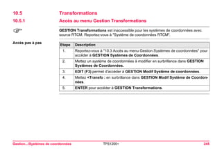 Gestion...Systèmes de coordonnées TPS1200+ 245 
10.5Transformations 
10.5.1Accès au menu Gestion Transformations 
) 
GESTION Transformations est inaccessible pour les systèmes de coordonnées avec source RTCM. Reportez-vous à "Système de coordonnées RTCM". 
Accès pas à pasEtape 
Description 
1. 
Reportez-vous à "10.3 Accès au menu Gestion Systèmes de coordonnées" pour accéder à GESTION Systèmes de Coordonnées. 
2. 
Mettez un système de coordonnées à modifier en surbrillance dans GESTION Systèmes de Coordonnées. 
3. 
EDIT (F3) permet d'accéder à GESTION Modif Système de coordonnées. 
4. 
Mettez <Transfo : en surbrillance dans GESTION Modif Système de Coordonnées. 
5. 
ENTER pour accéder à GESTION Transformations.  