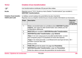 Gestion...Systèmes de coordonnées TPS1200+ 248 
10.5.2Création d'une transformation 
) 
Les transformations similitudes 3D peuvent être créées. 
Accès 
Reportez-vous à "10.5.1 Accès au menu Gestion Transformations" pour accéder à GESTION Transformations. 
Création d'une transformation pas à pas 
Le tableau suivant explique les paramètres les plus importants. 
Reportez-vous au chapitre mentionné pour de plus amples informations sur les écrans. Etape 
Description 
Reportez- vous au paragraphe 
1. 
Mettez une transformation en surbrillance dans GESTION Transformations. Une copie de cette transformation sera utilisée pour les configurations ultérieures. 
2. 
NOUV (F2) pour accéder à GESTION Nouvelle Transformation. 
3. 
GESTION Nouvelle Transformation, page Général 
<Nom :> Un nom unique pour la nouvelle transformation. Le nom peut comporter jusqu'à 16 caractères et inclure des espaces. 
<Type :> Un champ de sortie. La similitude est le seul type de transformation à pouvoir être créé. 
38.1 
Entrez un nom. 
4. 
PAGE (F6) permet de passer à la page des Paramètres. 
5. 
GESTION Nouvelle Transformation, page des Paramètres 
Entrez les valeurs connues des paramètres de transformation.  