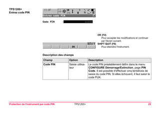 Protection de l'instrument par code PIN TPS1200+ 25 
TPS1200+ 
Entrez code PIN. 
OK (F4) 
Pour accepter les modifications et continuer par l'écran suivant. 
SHIFT QUIT (F6) 
Pour éteindre l'instrument. 
Description des champsChamp 
Option 
Description 
Code PIN 
Saisie utilisateur 
Le code PIN préalablement défini dans le menu CONFIGURE Démarrage/Extinction, page PIN Code. Il est possible d'effectuer cinq tentatives de saisie du code PIN. Si elles échouent, il faut saisir le code PUK.  