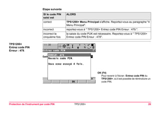 Protection de l'instrument par code PIN TPS1200+ 26 
Etape suivanteSI le code PIN saisi est 
ALORS 
correct 
TPS1200+ Menu Principal s'affiche. Reportez-vous au paragraphe "4 Menu Principal". 
incorrect 
reportez-vous à " TPS1200+ Entrez code PIN Erreur : 479.". 
incorrect la cinquième fois 
la saisie du code PUK est nécessaire. Reportez-vous à " TPS1200+ Entrez code PIN Erreur : 478". 
TPS1200+ 
Entrez code PIN 
Erreur : 479. 
OK (F4) 
Pour revenir à l'écran Entrez code PIN du TPS1200+, où il est possible de réintroduire un code PIN.  