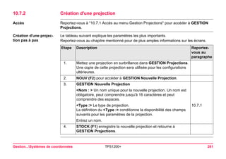 Gestion...Systèmes de coordonnées TPS1200+ 261 
10.7.2Création d'une projection 
Accès 
Reportez-vous à "10.7.1 Accès au menu Gestion Projections" pour accéder à GESTION Projections. 
Création d'une projection pas à pas 
Le tableau suivant explique les paramètres les plus importants. 
Reportez-vous au chapitre mentionné pour de plus amples informations sur les écrans. Etape 
Description 
Reportez- vous au paragraphe 
1. 
Mettez une projection en surbrillance dans GESTION Projections. Une copie de cette projection sera utilisée pour les configurations ultérieures. 
2. 
NOUV (F2) pour accéder à GESTION Nouvelle Projection. 
3. 
GESTION Nouvelle Projection 
<Nom : > Un nom unique pour la nouvelle projection. Un nom est obligatoire, peut comprendre jusqu'à 16 caractères et peut comprendre des espaces. 
<Type :> Le type de projection. 
La définition du <Type :> conditionne la disponibilité des champs suivants pour les paramètres de la projection. 
10.7.1 
Entrez un nom. 
4. 
STOCK (F1) enregistre la nouvelle projection et retourne à GESTION Projections.  