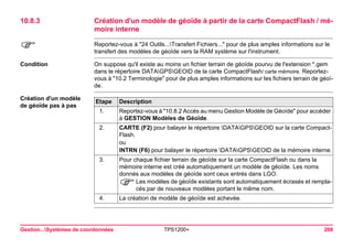 Gestion...Systèmes de coordonnées TPS1200+ 268 
10.8.3Création d'un modèle de géoïde à partir de la carte CompactFlash / mémoire interne 
) 
Reportez-vous à "24 Outils...Transfert Fichiers..." pour de plus amples informations sur le transfert des modèles de géoïde vers la RAM système sur l'instrument. 
Condition 
On suppose qu'il existe au moins un fichier terrain de géoïde pourvu de l'extension *.gem dans le répertoire DATAGPSGEOID de la carte CompactFlash/ carte mémoire. Reportez- vous à "10.2 Terminologie" pour de plus amples informations sur les fichiers terrain de géoïde. 
Création d'un modèle de géoïde pas à pasEtape 
Description 
1. 
Reportez-vous à "10.8.2 Accès au menu Gestion Modèle de Géoïde" pour accéder à GESTION Modèles de Géoïde. 
2. 
CARTE (F2) pour balayer le répertoire DATAGPSGEOID sur la carte CompactFlash. 
ou 
INTRN (F6) pour balayer le répertoire DATAGPSGEOID de la mémoire interne. 
3. 
Pour chaque fichier terrain de géoïde sur la carte CompactFlash ou dans la mémoire interne est créé automatiquement un modèle de géoïde. Les noms donnés aux modèles de géoïde sont ceux entrés dans LGO. 
)Les modèles de géoïde existants sont automatiquement écrasés et remplacés par de nouveaux modèles portant le même nom. 
4. 
La création de modèle de géoïde est achevée.  