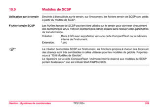 Gestion...Systèmes de coordonnées TPS1200+ 269 
10.9Modèles de SCSP 
Utilisation sur le terrain 
Destinés à être utilisés sur le terrain, sur l'instrument, les fichiers terrain de SCSP sont créés à partir du modèle de SCSP. 
Fichier terrain SCSP 
Les fichiers terrain de SCSP peuvent être utilisés sur le terrain pour convertir directement des coordonnées WGS 1984 en coordonnées planes locales sans recourir à des paramètres de transformation. 
Création : 
Dans LGO avec exportation vers une carte CompactFlash ou la mémoire interne de l'instrument. 
Extension : 
*.csc 
) 
La création de modèles SCSP sur l'instrument, les fonctions propres à chacun des écrans et des champs sont très semblables à celles utilisées pour les modèles de géoïde. Reportez- vous à "10.8 Modèles de Géoïde". 
Le répertoire de la carte CompactFlash / mémoire interne réservé aux modèles de SCSP portant l'extension *.csc est intitulé DATAGPSCSCS.  