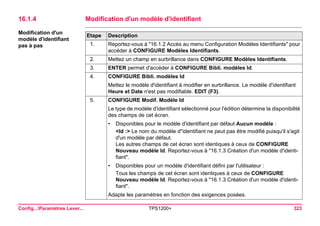 Config...Paramètres Lever... TPS1200+ 323 
16.1.4Modification d'un modèle d'identifiant 
Modification d'un modèle d'identifiant 
pas à pasEtape 
Description 
1. 
Reportez-vous à "16.1.2 Accès au menu Configuration Modèles Identifiants" pour accéder à CONFIGURE Modèles Identifiants. 
2. 
Mettez un champ en surbrillance dans CONFIGURE Modèles Identifiants. 
3. 
ENTER permet d'accéder à CONFIGURE Bibli. modèles Id. 
4. 
CONFIGURE Bibli. modèles Id 
Mettez le modèle d'identifiant à modifier en surbrillance. Le modèle d'identifiant Heure et Date n'est pas modifiable. EDIT (F3). 
5. 
CONFIGURE Modif. Modèle Id 
Le type de modèle d'identifiant sélectionné pour l'édition détermine la disponibilité des champs de cet écran. 
•Disponibles pour le modèle d'identifiant par défaut Aucun modèle : 
<Id :> Le nom du modèle d''identifiant ne peut pas être modifié puisqu'il s'agit d'un modèle par défaut. 
Les autres champs de cet écran sont identiques à ceux de CONFIGURE Nouveau modèle Id. Reportez-vous à "16.1.3 Création d'un modèle d'identifiant". 
•Disponibles pour un modèle d'identifiant défini par l'utilisateur : 
Tous les champs de cet écran sont identiques à ceux de CONFIGURE Nouveau modèle Id. Reportez-vous à "16.1.3 Création d'un modèle d'identifiant". 
Adapte les paramètres en fonction des exigences posées.  