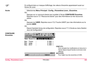 Config...Paramètres Lever... TPS1200+ 345 
) 
Si configuré dans un masque d'affichage, les valeurs d'excentre apparaissent aussi sur l'écran de Lever. 
Accès 
Sélectionnez Menu Principal : Config...Paramètres Lever...Excentres. 
OU 
Appuyez sur un raccourci-clavier pour accéder à l'écran CONFIGURE Excentres. Reportez-vous à "2.1 Raccourcis-clavier" pour des informations sur les raccourcis- clavier. 
OU 
Appuyez sur USER. Reportez-vous à "2.2 Touche USER" pour des informations sur la touche USER. 
OU 
Depuis l'assistant de jeu de configuration. Reportez-vous à "11.2 Accès au menu Gestion Jeux de Configuration". 
CONFIGURE 
Excentres 
CONT (F1) 
Pour accepter les modifications et retourner à l'écran depuis lequel l'accès à cet écran s'est effectué. 
EXC=0 (F5) 
Pour régler tous les excentres à 0.000.  