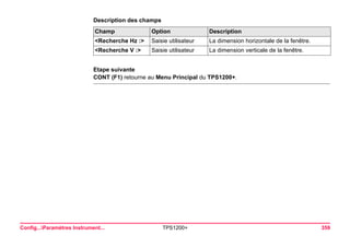 Config...Paramètres Instrument... TPS1200+ 359 
Description des champsChamp 
Option 
Description 
<Recherche Hz :> 
Saisie utilisateur 
La dimension horizontale de la fenêtre. 
<Recherche V :> 
Saisie utilisateur 
La dimension verticale de la fenêtre. 
Etape suivante 
CONT (F1) retourne au Menu Principal du TPS1200+.  
