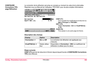 Config...Paramètres Instrument... TPS1200+ 369 
CONFIGURE 
Corrections TPS, 
page Réfraction 
La correction de la réfraction est prise en compte au moment du calcul de la dénivelée. Reportez-vous au Manuel de l'utilisateur TPS1200+ pour de plus amples informations. 
CONT (F1) 
Pour accepter les modifications et retourner au Menu Principal du TPS1200+. 
DEFT (F5) 
Règle <Correction : On> et <Coeff Réf (k) : 0.13>. 
PAGE (F6) 
Pour passer à une autre page de l'écran. 
Description des champsChamp 
Option 
Description 
<Correction :> 
On ou Off 
La correction de réfraction est appliquée aux mesures. 
<Coeff Réf.(k) :> 
Saisie utilisateur 
Disponible si <Correction : ON>.Le coefficient de réfraction à utiliser pour le calcul. 
Etape suivante 
CONT (F1) permet de retourner à l'écran depuis lequel l'accès à CONFIGURE Corrections TPS s'est effectué.  
