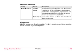 Config...Paramètres Généraux TPS1200+ 378 
Description des champsChamp 
Option 
Description 
<Mode Assisté :> 
Tous les écrans 
Tous les écrans de configuration sont affichés dans l'assistant de jeu de configuration. Les écrans de configuration des programmes d'application ne sont pas inclus. Ils peuvent être configurés au sein de chacun des programmes d'application. 
Mode Réduit 
Un jeu réduit d'écrans est affiché dans l'assistant du jeu de configuration. 
Etape suivante 
CONT (F1) retourne au Menu Principal du TPS1200+ ou continue avec l'écran suivant au sein de l'assistant du jeu de configuration.  