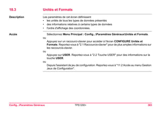 Config...Paramètres Généraux TPS1200+ 383 
18.3Unités et Formats 
Description 
Les paramètres de cet écran définissent 
•les unités de tous les types de données présentés 
•des informations relatives à certains types de données 
•l'ordre d'affichage des coordonnées. 
Accès 
Sélectionnez Menu Principal : Config...Paramètres GénérauxUnités et Formats. 
ou 
Appuyez sur un raccourci-clavier pour accéder à l'écran CONFIGURE Unités et Formats. Reportez-vous à "2.1 Raccourcis-clavier" pour de plus amples informations sur les raccourcis-clavier. 
ou 
Appuyez sur USER. Reportez-vous à "2.2 Touche USER" pour des informations sur la touche USER. 
ou 
Depuis l'assistant de jeu de configuration. Reportez-vous à "11.2 Accès au menu Gestion Jeux de Configuration".  