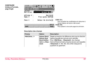 Config...Paramètres Généraux TPS1200+ 387 
CONFIGURE 
Unités et Formats, 
page Angle 
CONT (F1) 
Pour accepter les modifications et retourner à l'écran depuis cet écran a été ouvert. 
PAGE (F6) 
Pour passer à une autre page de cet écran. 
Description des champsChamp 
Option 
Description 
<Réf.Direc. :> 
Azimut Nord, Azimut Sud, Nord Antihoraire ou Gisement 
Règle la direction de différence ainsi que la direction depuis laquelle les azimuts sont calculés. 
Pour <Réf.Direc. : Gisement>, les champs Azimut/Gisement dans d'autres écrans sont appelés <Gisement :>. NE, NO, SE et NO indiquent le quadrant du gisement.  